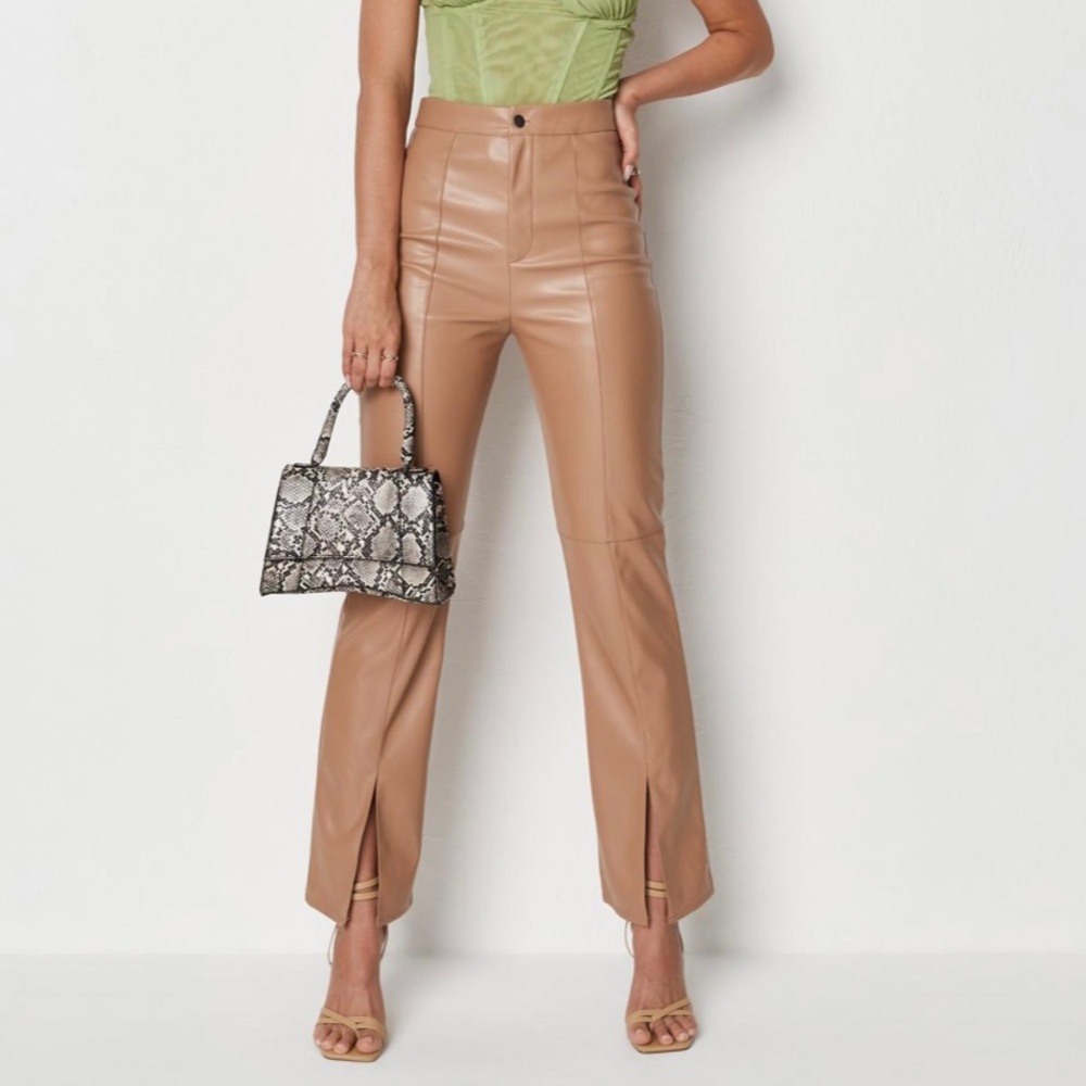 Misguided split front straight leg mocha faux leather pants NWT
